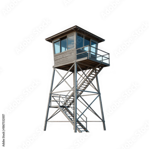 Wooden fire lookout tower architectural isolated on transparent background.