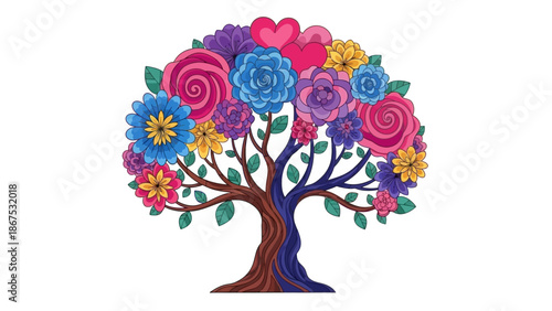 Colorful Love Tree with Flowers and Hearts