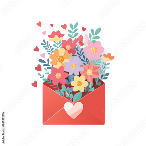 Vector illustration of a romantic pink and red envelope with hearts and flowers for a Valentine gift card celebration