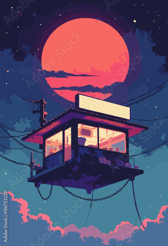  A Ramen Shop stall floating in the middle of outer space, tethered by thick cables to a distant Red Sun. Neon signs flicker in Japanese. Steam rises from the bowls forming ghost shapes