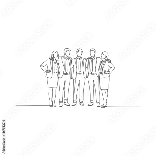 A simple line drawing depicting a group of six people standing together