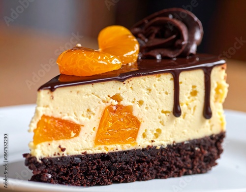 Foto A slice of cheesecake with a chocolate crust, topped with chocolate ganache and mandarin orange segments