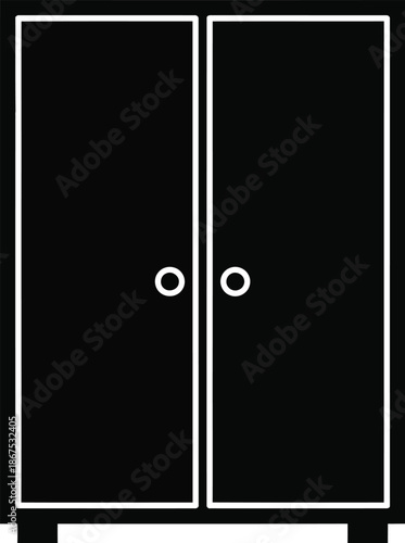 A simple flat black icon of a two-door wardrobe or cabinet for storage