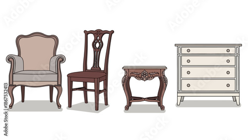 Vintage Furniture Collection: Armchair, Chair, Table, Dresser