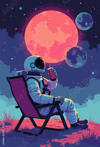  A skeleton astronaut sitting in a lawn chair on the surface of the moon, drinking a neon soda. He is watching the Earth explode into pixels. Red Sun background. Kanji for 'Vacation'