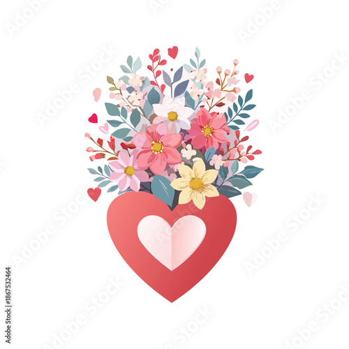 A romantic pink vector design featuring a floral heart of flowers and butterflies, creating a decorative love symbol for a Valentine's Day wedding card illustration or spring holiday celebration