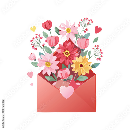 Pink floral vector illustration of a spring wedding envelope and heart design decorated with rose blossoms, summer butterflies, and nature ornaments for a romantic love card