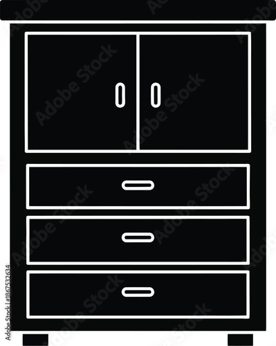 Black and white silhouette icon of a storage cabinet with doors and drawers