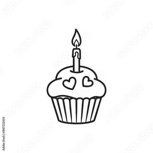 A pink birthday cupcake with white icing and a single candle on top