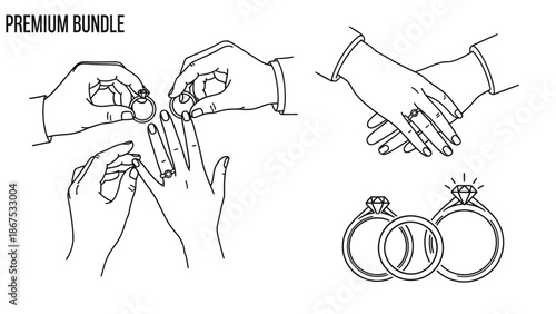Premium bundle of black line art illustrations of hands exchanging wedding rings and diamond rings on white background for love marriage symbol
