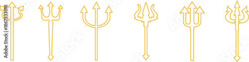 Trident Line Style Vector Icon Set, Mythology Weapon Symbol Collection and Ancient Outline Graphic Group Featuring Trishul, Spear and Fork Emblem Designs