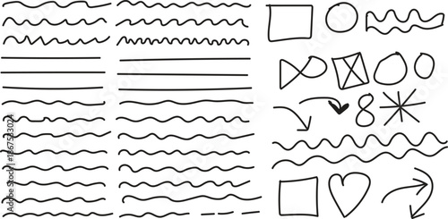 A collection of various hand drawn lines shapes and doodles on a white background