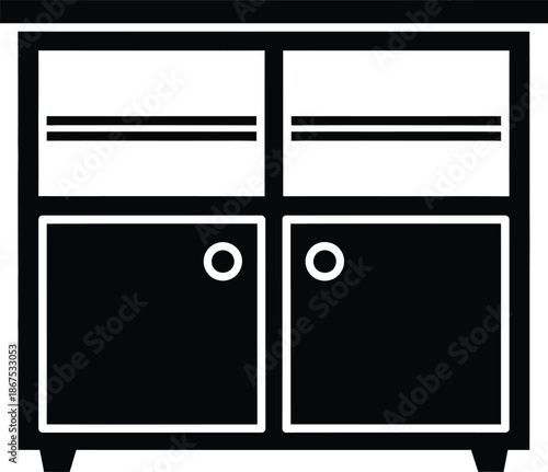 A black and white icon representing a storage cabinet or sideboard with shelves and doors