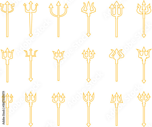 Trident Line Style Vector Icon Set, Mythology Weapon Symbol Collection and Ancient Outline Graphic Group Featuring Trishul, Spear and Fork Emblem Designs