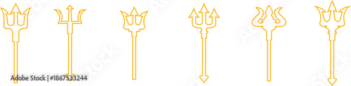 Trident Line Style Vector Icon Set, Mythology Weapon Symbol Collection and Ancient Outline Graphic Group Featuring Trishul, Spear and Fork Emblem Designs
