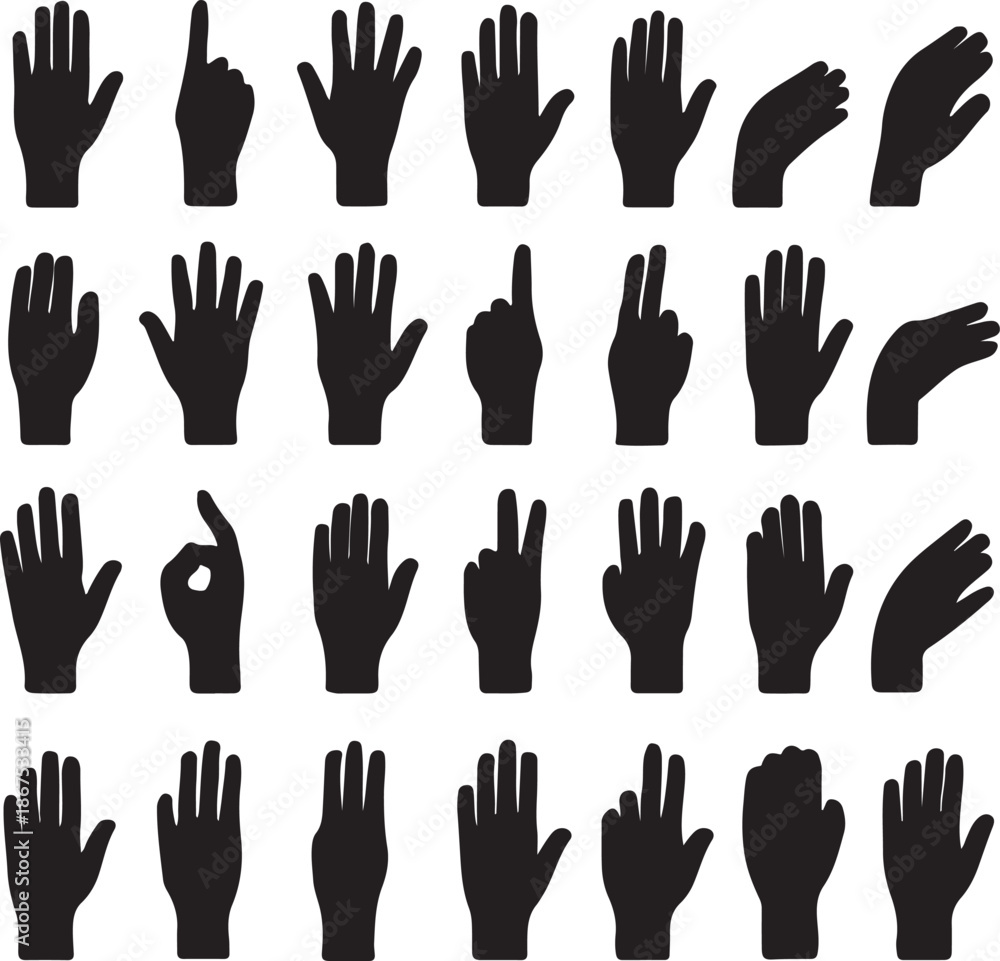 Fototapeta premium Collection of various hand gestures and finger configurations in black silhouettes