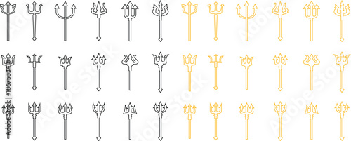 Trident Line Style Vector Icon Set, Mythology Weapon Symbol Collection and Ancient Outline Graphic Group Featuring Trishul, Spear and Fork Emblem Designs