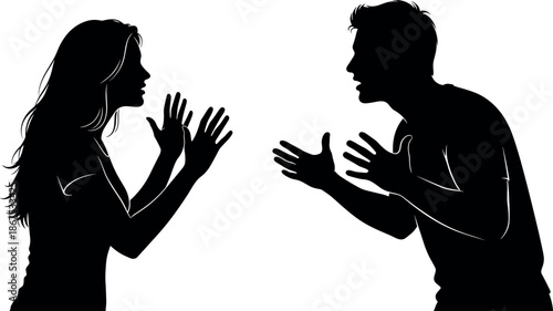 Angry man and woman arguing silhouette illustration showing relationship conflict communication problem disagreement emotional confrontation vector concept