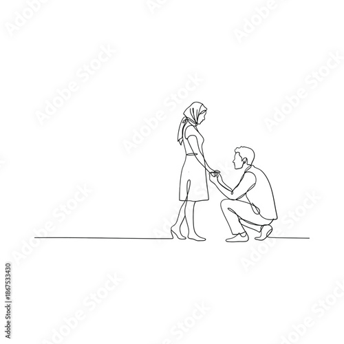 A loving couple a man proposing to a woman in a single line drawing