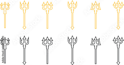 Trident Line Style Vector Icon Set, Mythology Weapon Symbol Collection and Ancient Outline Graphic Group Featuring Trishul, Spear and Fork Emblem Designs