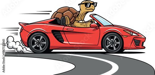Cool turtle driving red sports car cartoon illustration funny animal character design for kids humor stickers posters branding