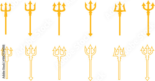 Trident Flat Line Style Vector Icon Set, Mythology Weapon Symbol Collection and Ancient Outline Graphic Group Featuring Trishul, Spear and Fork Emblem Designs