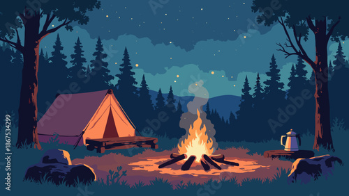 A campfire scene with a coffee pot on the fire. No people, just a log bench and a tent glowing from inside. Cozy vector illustration