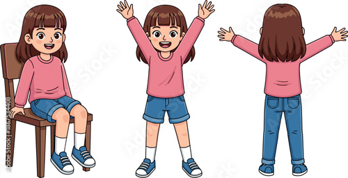 Cute cartoon girl character set showing front back and sitting poses isolated on white background for kids illustration design