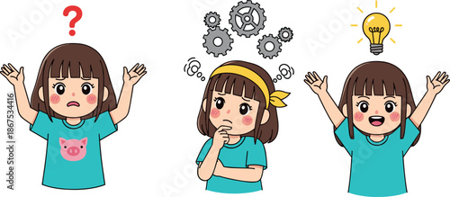 Cute Cartoon Girl Thinking Process From Confusion To Idea, Child Problem Solving Concept Illustration For Education, Learning, Creativity Design