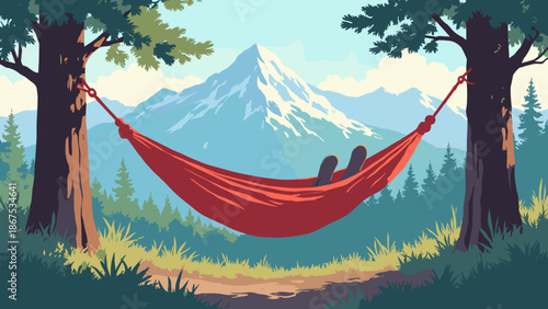 A hammock strung between two pine trees with a view of a mountain range. First-person perspective (feet visible, male boots). Flat vector