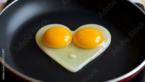 Two fried eggs in a heart shape cooking in a frying pan for a romantic breakfast