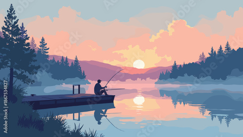 A man sitting on a dock fishing at dawn. Reflection in the calm water. Fog layers. Quiet atmospheric vector