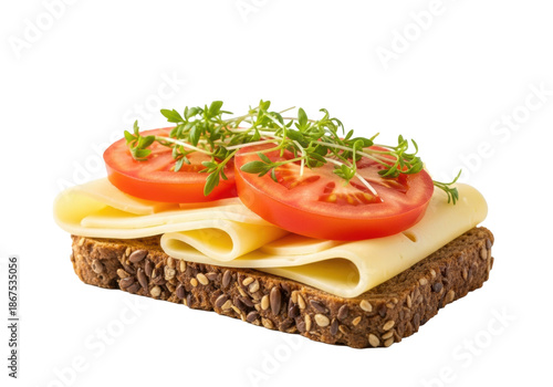 Meticulously arranged open-faced sandwich: multi-grain bread, yellow cheese, vibrant red tomato, green cress. High-angle, soft light on white background, copy space, concept for healthy eating