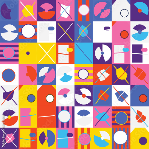 Abstract geometric pattern with colorful shapes and minimalist design elements