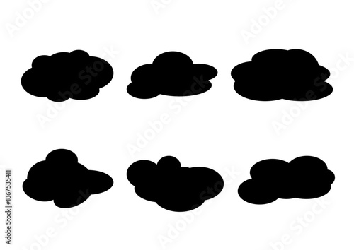 Black cloud silhouettes set. Vector flat icons of various cloud shapes for weather, nature, and minimalist graphic design.