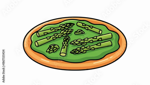 A cartoon plate with orange crust holds a green spread topped with whole and chopped asparagus spears