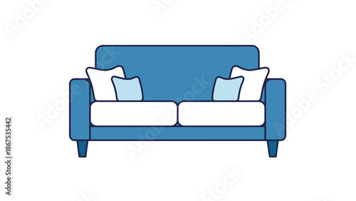 Blue sofa with cushions, modern design, isolated on white background