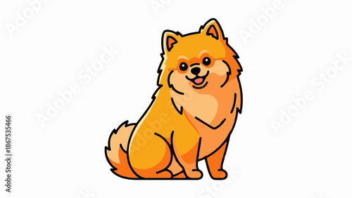 A cartoon Pomeranian dog with fluffy orange fur sits and smiles