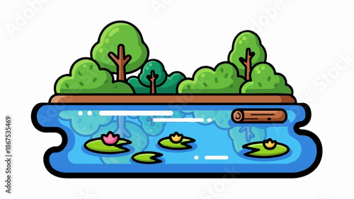 A cartoon pond with lily pads, trees, and a floating log