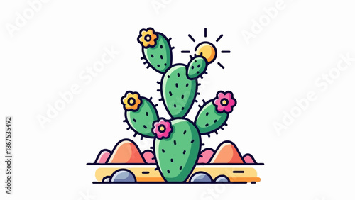 A cartoon prickly pear cactus blooms under a stylized sun in a desert landscape
