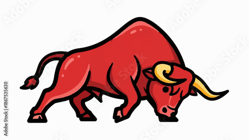 A cartoon red bull with yellow horns charges forward