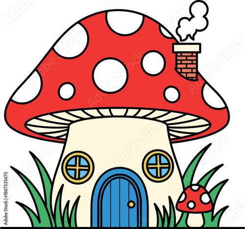 Cute mushroom house cartoon illustration fairy tale fantasy home nature concept whimsical children storybook flat vector design