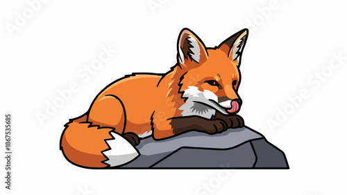 A cartoon red fox with a bushy tail rests on a grey rock, licking its lips