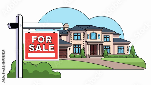A cartoon image of a luxurious house with a "For Sale" sign in the foreground