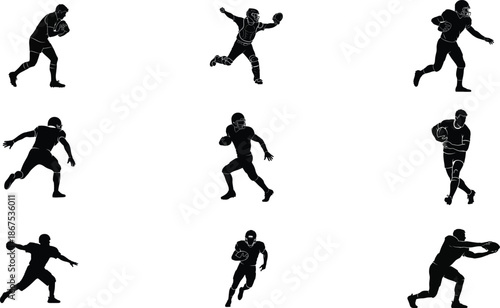 American Football Player Silhouettes Set – Dynamic Running, Passing, and Tackling Action Poses Vector
