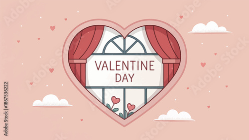 Valentine's Day celebration with heart shaped window and red curtains