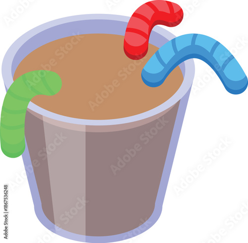 Colorful gummy worms add a playful touch to a cup of rich chocolate pudding, creating a fun and delicious dessert