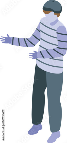 Mime artist wearing a striped shirt, gloves, and a beret, using body language and facial expressions