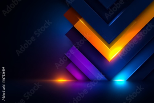 Blue and orange background with a series of triangles. The triangles are in different colors and sizes