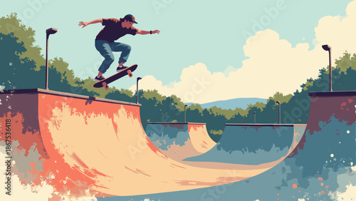 A skateboarder doing a trick on a half-pipe. Concrete texture. Graffiti background. Urban sport vector